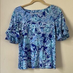Lilly Pulitzer Blue Floral Ruffle Blouse